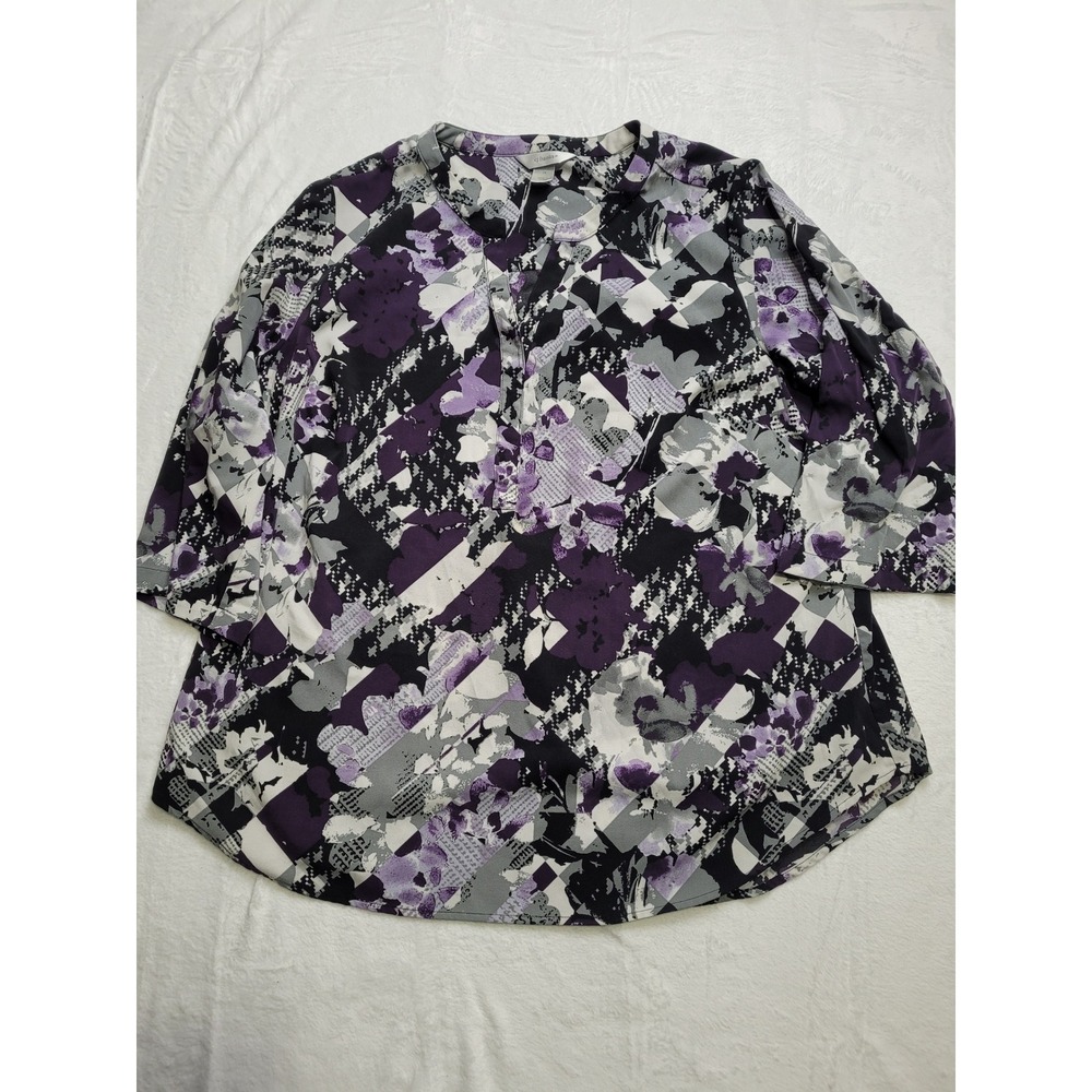 CJ Banks Blouse Women 1X Purple Floral Houndstooth 3/4 Sleeve Tunic